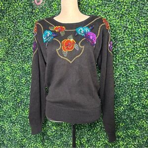 NWT Vtg. 80s Lindsey Blake Holiday Sequins Floral Cotton Knit Black Sweater Sz M